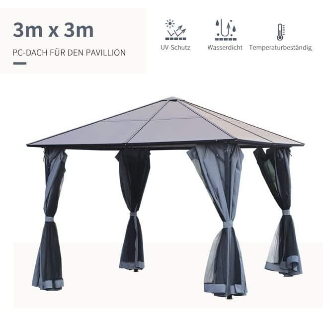 Pavillon aluminium 3 x 3 m toit polycarbonate avec moustiquaires - Vue 5