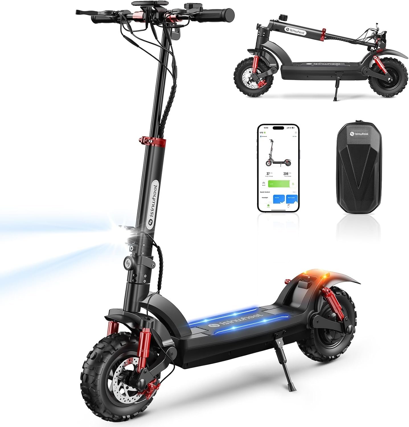 isinwheel GT2 Trottinette Électrique Adulte 1200W,Batterie 48V 15Ah,Autonomie 60KM,Pliable Tout Terrain avec Amortisseurs Avant/Arrière,APP,Clignotants,Éclairage Ambiance,Charge Max 150KG - Vue 1
