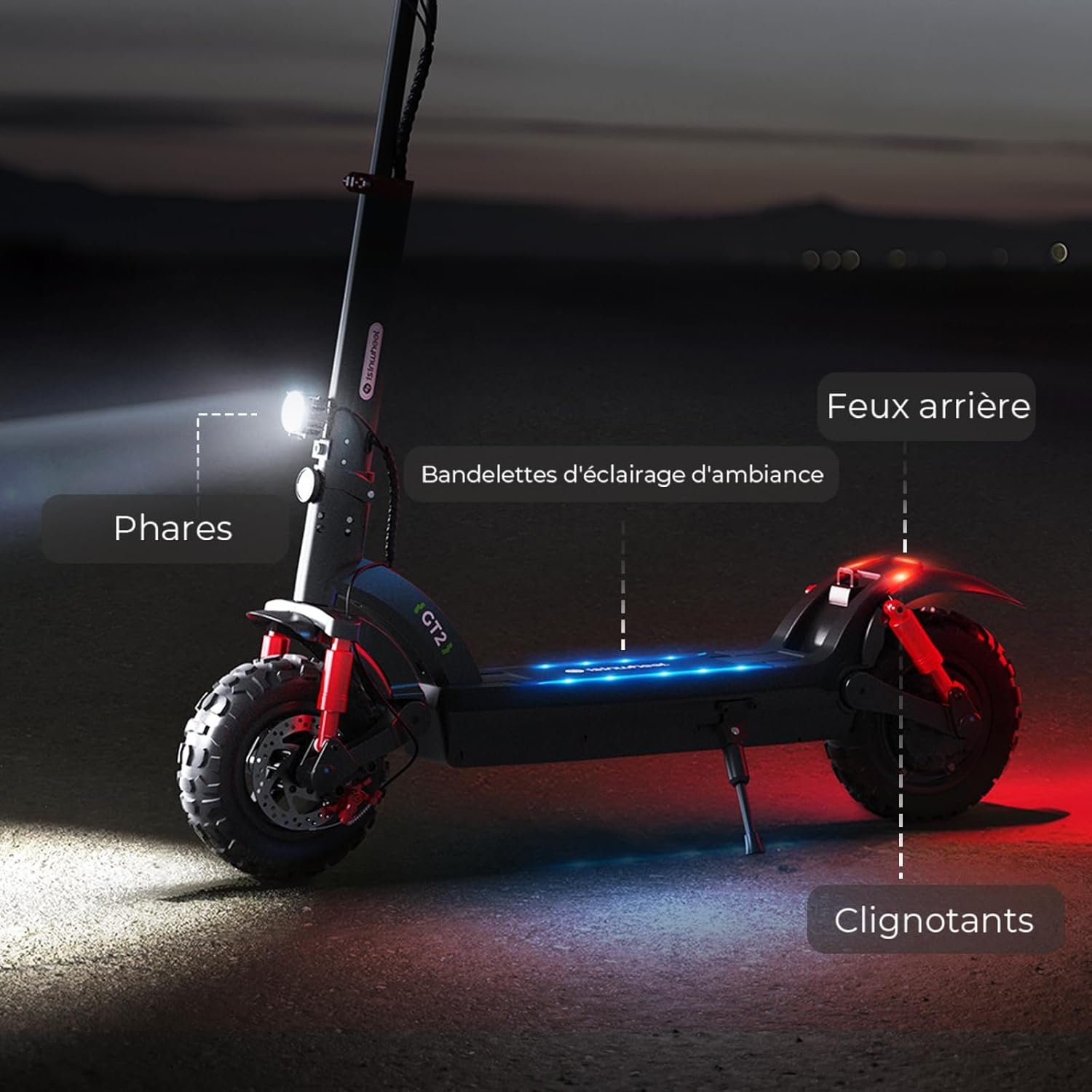 isinwheel GT2 Trottinette Électrique Adulte 1200W,Batterie 48V 15Ah,Autonomie 60KM,Pliable Tout Terrain avec Amortisseurs Avant/Arrière,APP,Clignotants,Éclairage Ambiance,Charge Max 150KG - Vue 4