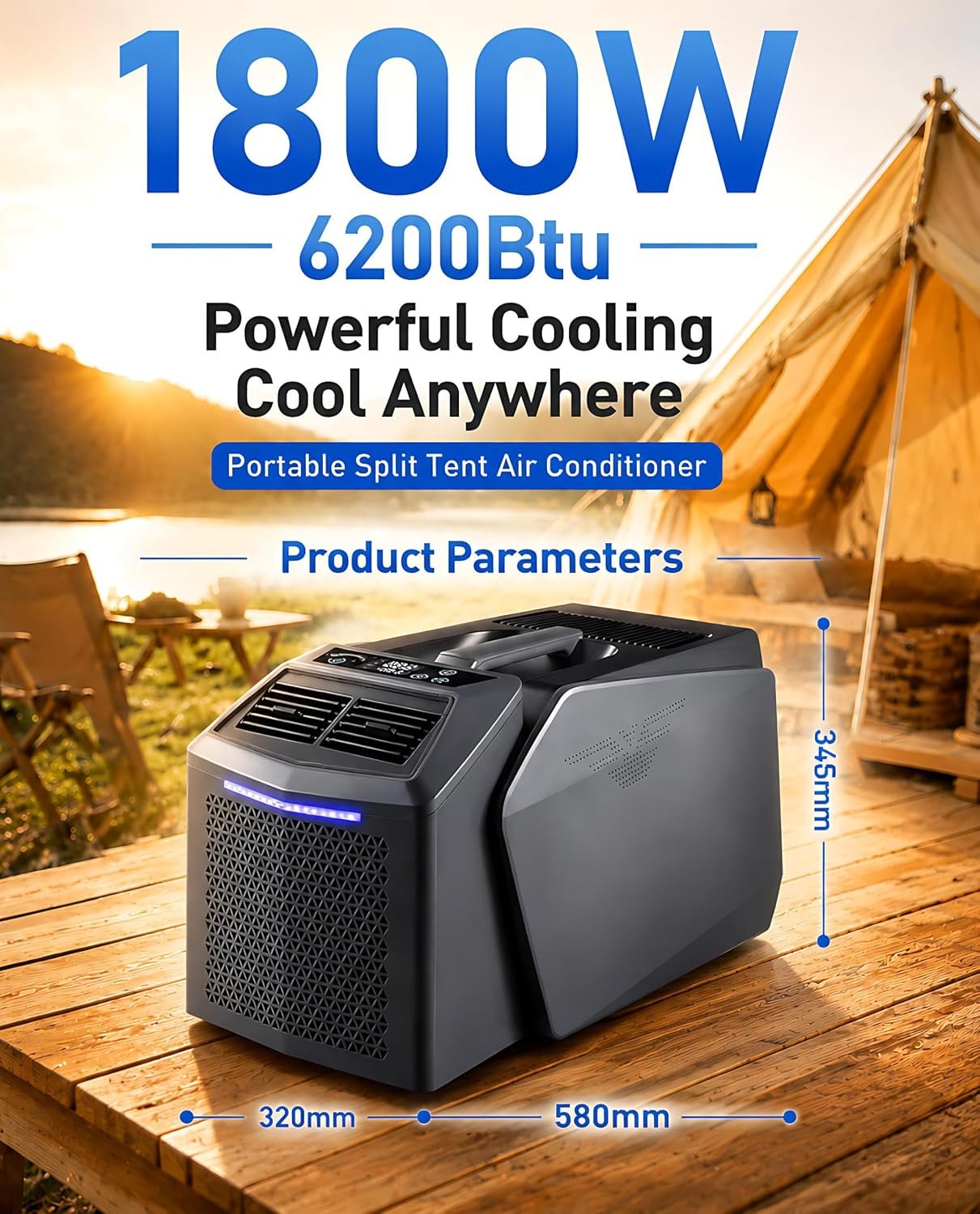 Climatiseur Split Portable Camping, 6200 BTU 550 W, 48 V CC/110 V/220 V CA, Ultra Silencieux, 3 Vitesses Ventilation, écran Intelligent, télécommande, idéal Tente, Camping-Car, Camion, fourgonnette - Vue 7