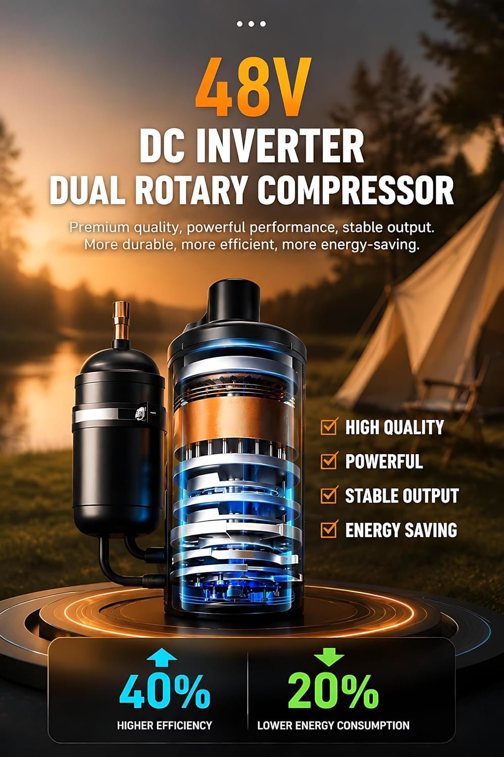 Climatiseur Split Portable Camping, 6200 BTU 550 W, 48 V CC/110 V/220 V CA, Ultra Silencieux, 3 Vitesses Ventilation, écran Intelligent, télécommande, idéal Tente, Camping-Car, Camion, fourgonnette - Vue 6