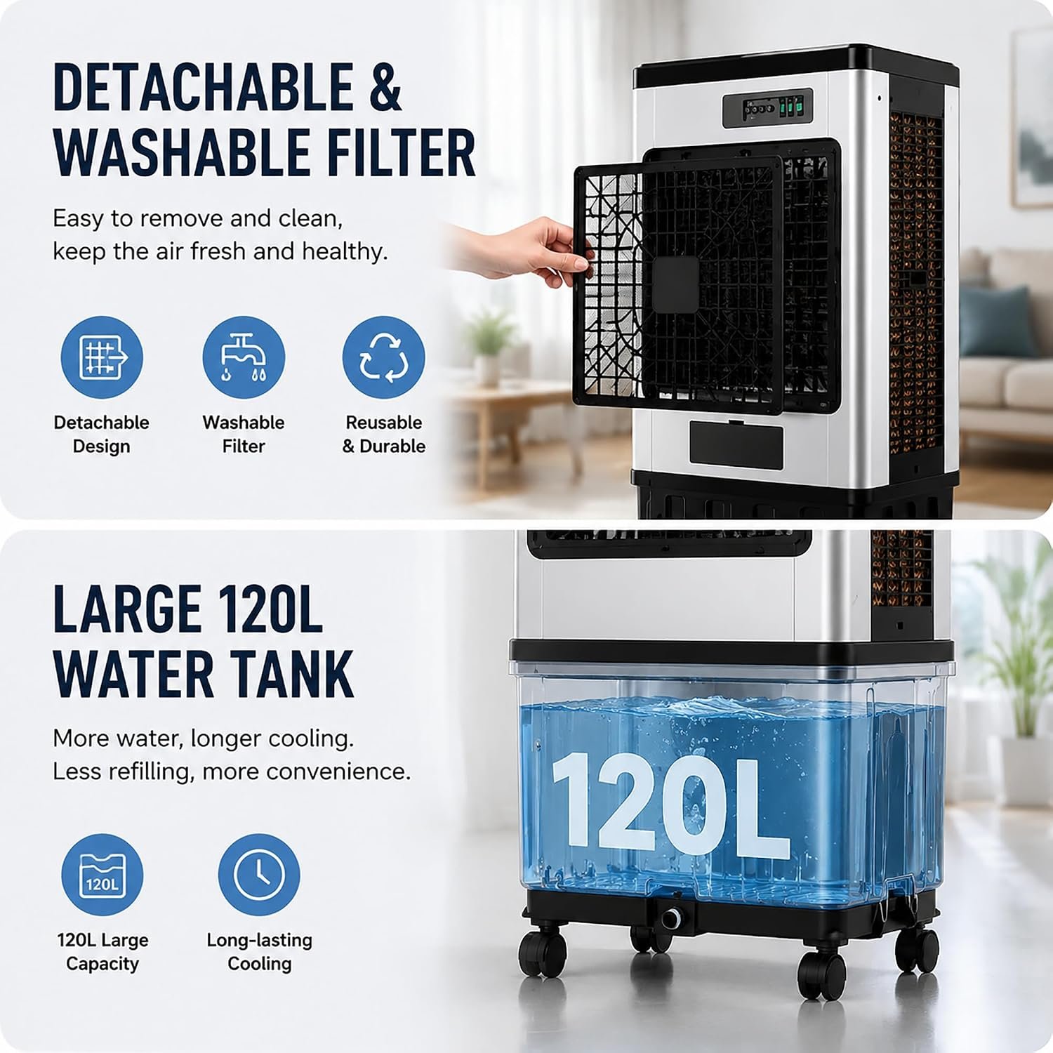 Rafraîchisseur Évaporatif Climatiseur Mobile Sans Évacuation, Grand Réservoir 120L, Filtre Démontable, Roulettes Universelles pour Salon Entrepôt Local Industriel black [Classe énergétique A] - Vue 2