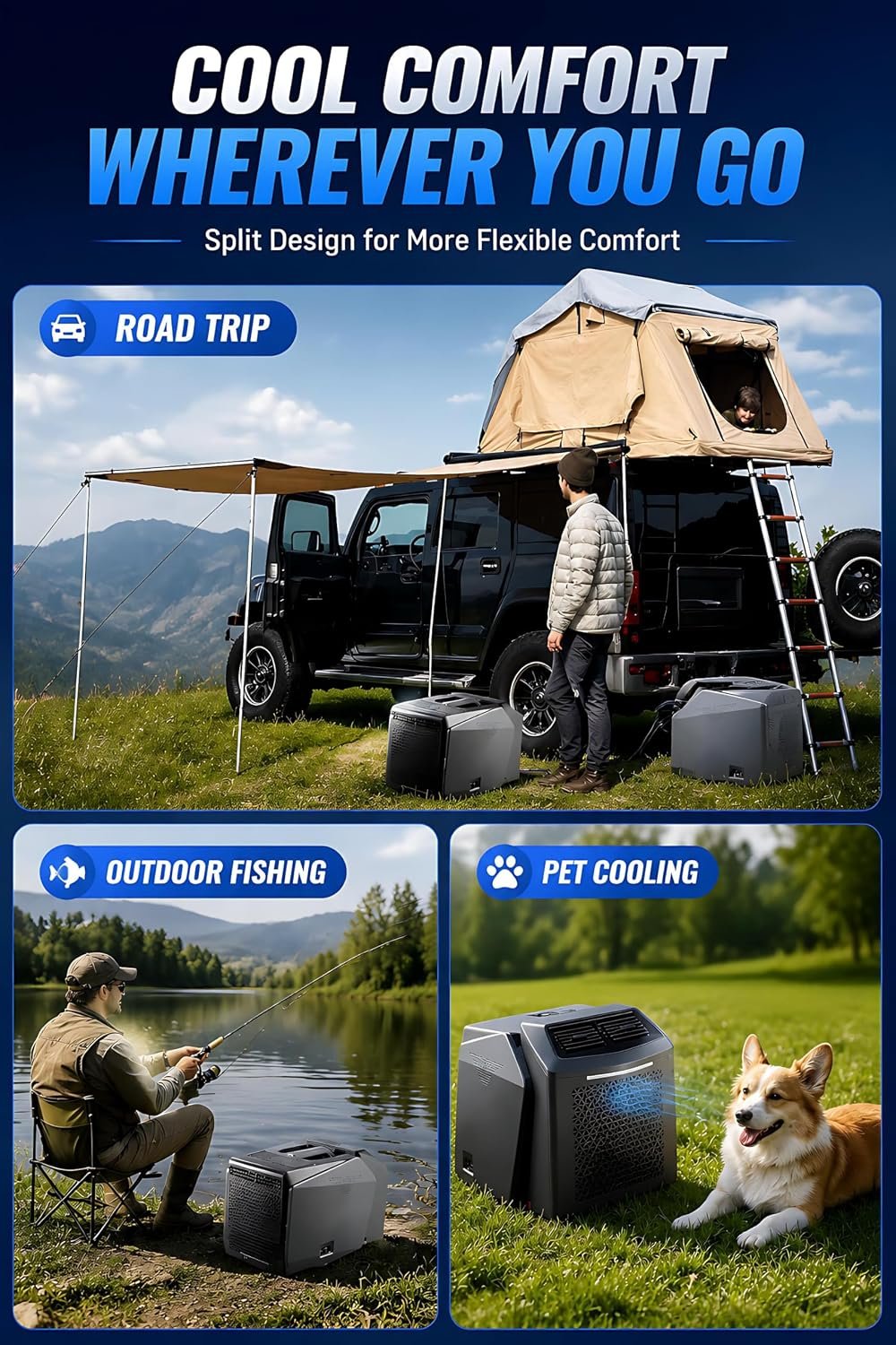 Climatiseur Split Portable Camping, 6200 BTU 550 W, 48 V CC/110 V/220 V CA, Ultra Silencieux, 3 Vitesses Ventilation, écran Intelligent, télécommande, idéal Tente, Camping-Car, Camion, fourgonnette - Vue 4
