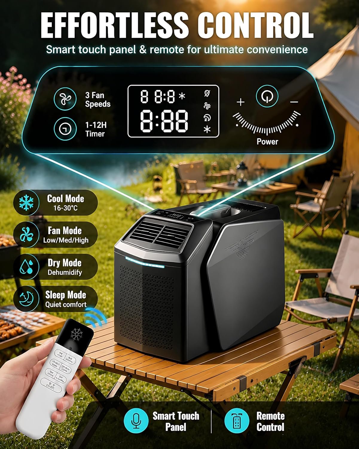 Climatiseur Split Portable Camping, 6200 BTU 550 W, 48 V CC/110 V/220 V CA, Ultra Silencieux, 3 Vitesses Ventilation, écran Intelligent, télécommande, idéal Tente, Camping-Car, Camion, fourgonnette - Vue 3