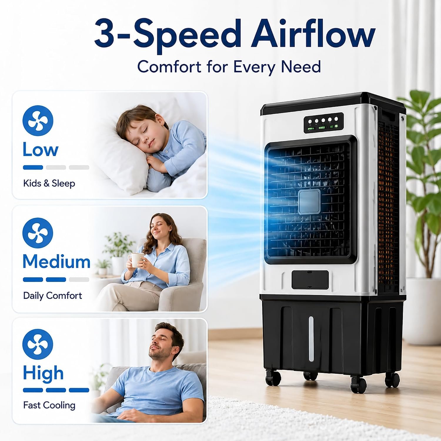 Rafraîchisseur Évaporatif Climatiseur Mobile Sans Évacuation, Grand Réservoir 120L, Filtre Démontable, Roulettes Universelles pour Salon Entrepôt Local Industriel black [Classe énergétique A] - Vue 5